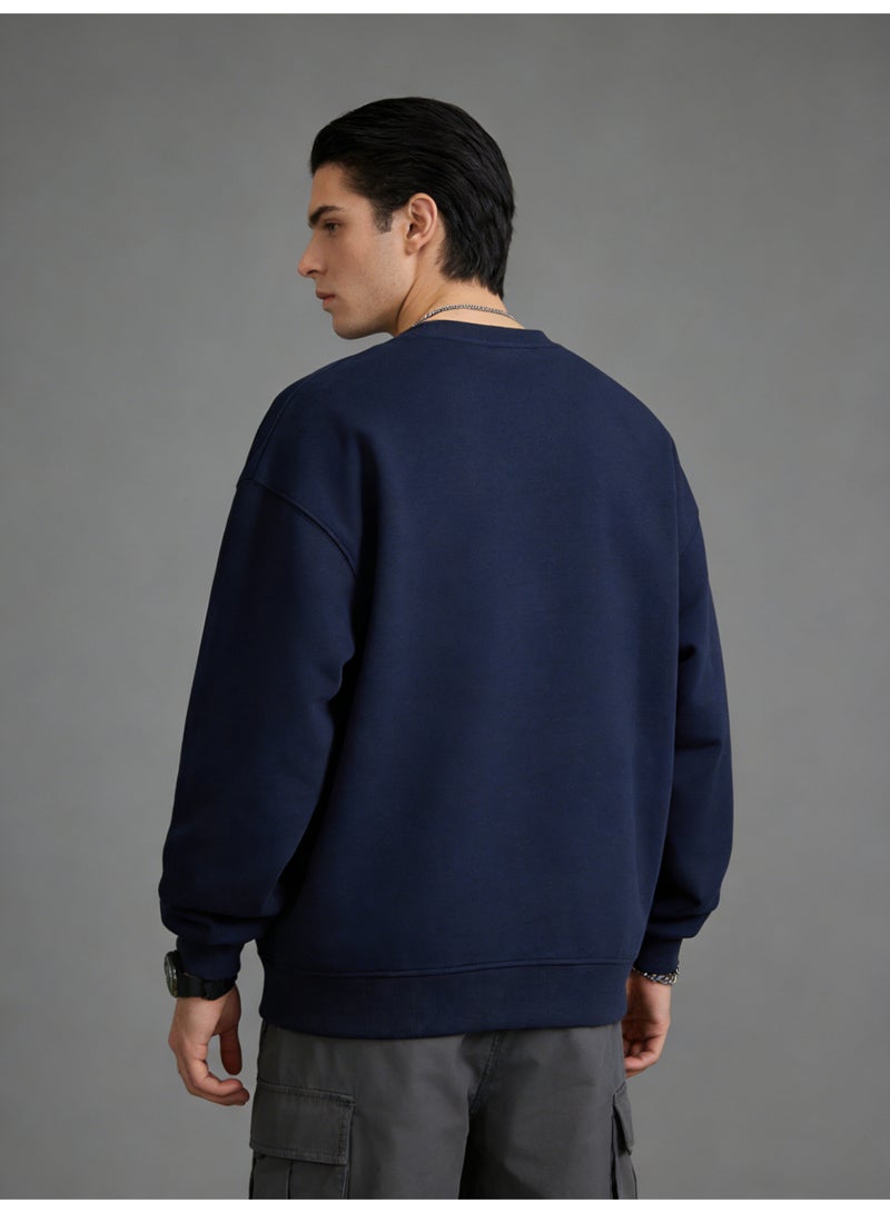 BM INS Navy Blue "Futuristic Sneaker" Graphic Oversized Crew Neck Sweatshirt | Unisex Streetwear Pullover With Letter Print - Image 3